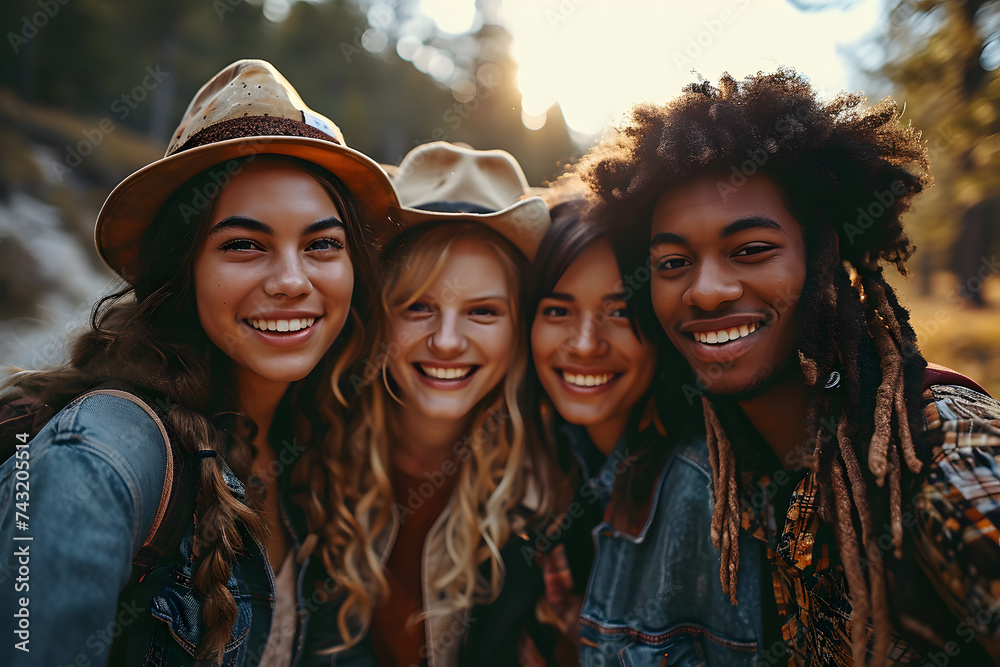 Wall mural group of young multiracial friends taking selfie