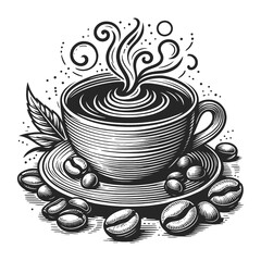Cup of hot coffee or tea sketch engraving generative ai vector illustration. Scratch board imitation. Black and white image.