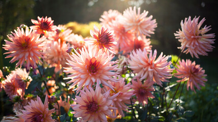Blooming dahlia flowers in the garden. Color of the year 2024, peach fuzz color, blur, selective focus, bokeh