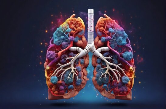 Rainbow lung anatomy, World Tuberculosis Day, smoking cessation concept created with generative artificial intelligence. Space for text