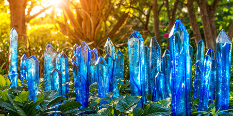 Blue glass crystal sculptures in the garden, outdoor fantasy exterior decor, wide banner background - obrazy, fototapety, plakaty