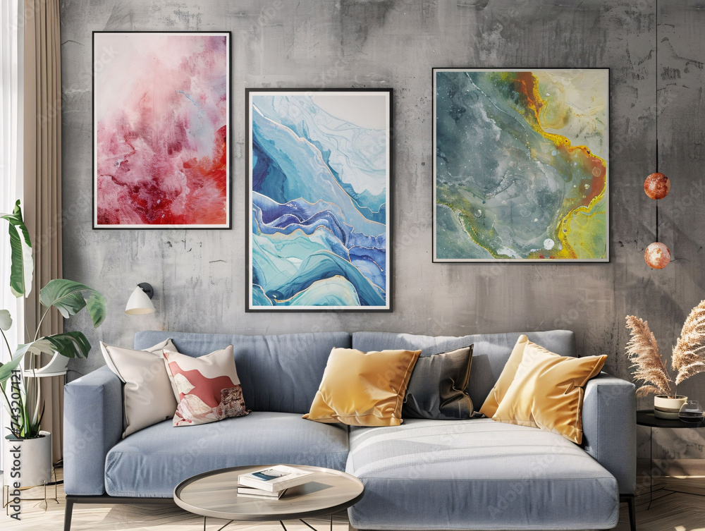 Wall mural modern living room with abstract wall art and stylish comfort