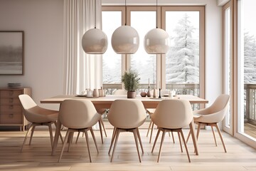 Scandinavian dining room interior in light colors with wooden table and chairs. House apartment design in a minimalist style