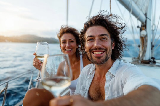 Generative AI illustration of joyful couple taking a selfie on a sailboat at sunset, clinking wine glasses with the sea in the background