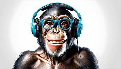 Funky cartoon chimpanzee monkey with earphones blue glasses and smiling listening music with a vintage retro styling on white background isolated created with generative ai	 - obrazy, fototapety, plakaty