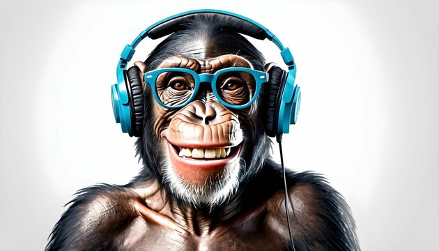 Funky cartoon chimpanzee monkey with earphones blue glasses and smiling listening music with a vintage retro styling on white background isolated created with generative ai	