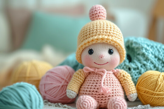 Handmade crochet baby doll with colorful yarn balls Generative AI image