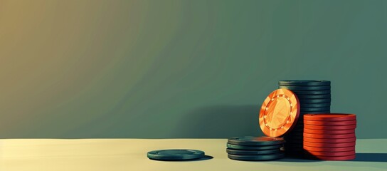 gambling casino chips standing in a pile on table on green background Generative AI - obrazy, fototapety, plakaty