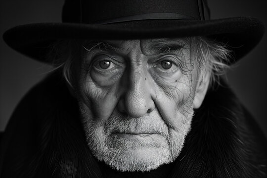 Elderly man with profound gaze in black and white portrait Generative AI image