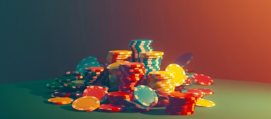 poker and casino chips in a pile on a green background Generative AI