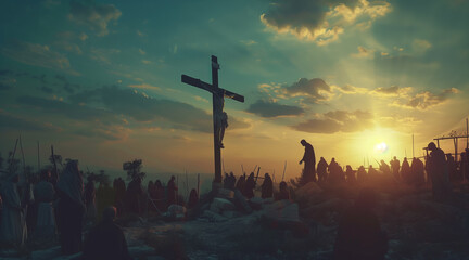 Crucifixion of Jesus Christ on the cross at Calvary against a sunset. Good friday, holy week,...