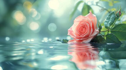 A pink rose with green leaves partially submerged in rippling water, illuminated by soft light.