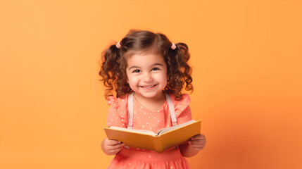 Joyful little girl reading book on orange background Generative AI image