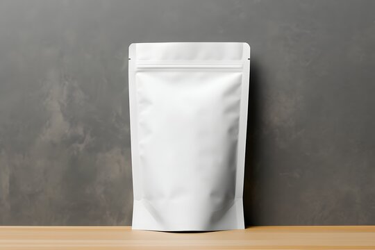 Blank white aluminium or plastic pouch packaging mockup on grey background. With clipping Path included.