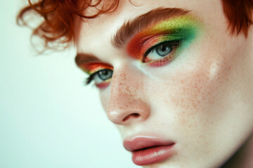 Androgynous model with vibrant rainbow makeup. Generative AI image