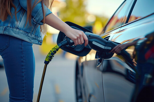 Woman charging electric vehicle at charging station Generative AI image