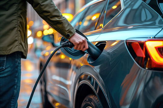 Electric vehicle being charged in urban setting Generative AI image