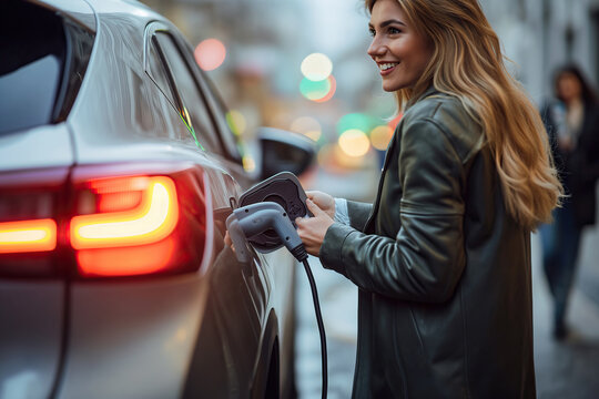 Smiling woman charging electric car in urban setting Generative AI image
