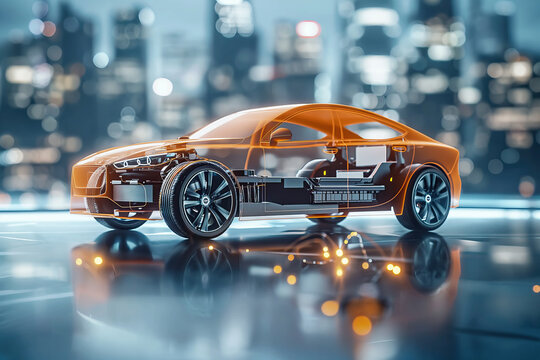 Futuristic car with transparent parts on city backdrop Generative AI image