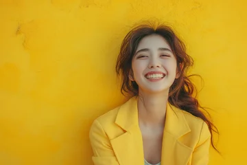 Successful business woman, young Asian woman smiling happy for her business victory, wearing her suit on a yellow background with copy space © Simn