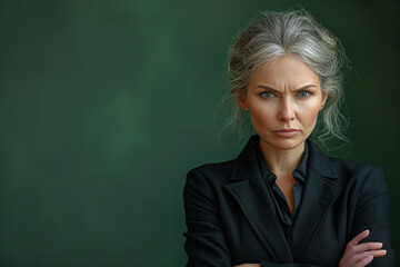 Annoyed business woman, copy space of a businesswoman in suit with expression of disappointment and disgust, envious and vindictive boss at work on a green background - obrazy, fototapety, plakaty
