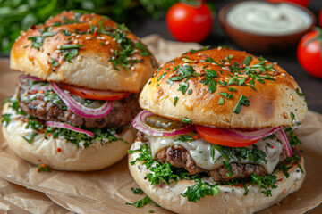 photo de deux délicieux burgers, pain burger au sésame, steak haché, salade, tomate, oignon, cornichon,  mozzarella