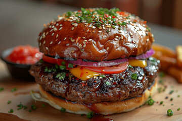photo d'un délicieux burger, pain au sésame, steak haché, cheddar, tomate, oignon, sauce ketchup