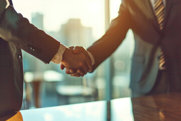 Two business men shaking hands in the office after successfully signing a contract or agreement, making a deal. Doing business, deal concept, blurred background - obrazy, fototapety, plakaty