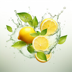 Lemon. lemon slices. splashes of water. ice cubes. delicious. pattern. on a white background.