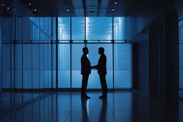 Two business men shaking hands in the office after successfully signing a contract or agreement, making a deal. Doing business, deal concept, blurred background