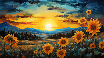 Sunflower Field at Sunset with Dramatic Sky