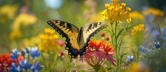 A butterfly gracefully sits atop a vibrant field of colorful flowers, showcasing the beauty of nature in a serene setting. The delicate insect enjoys the nectar of the blossoms, adding a touch of