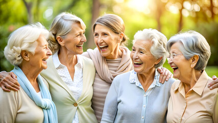 Meeting of five very smiling, gray-haired Caucasian women of advanced age, Ai - obrazy, fototapety, plakaty