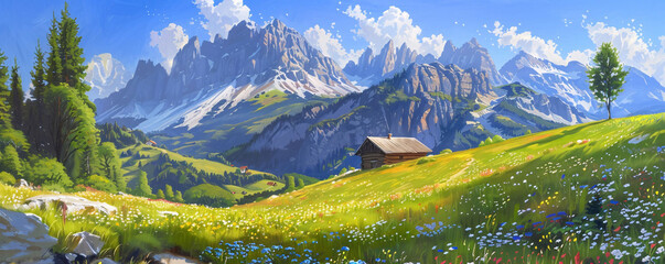Alpine Meadow with Cabin and Flowing Stream in Summer Illustration - obrazy, fototapety, plakaty