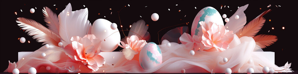 Enchanted floral panorama with delicate eggs and feathers
