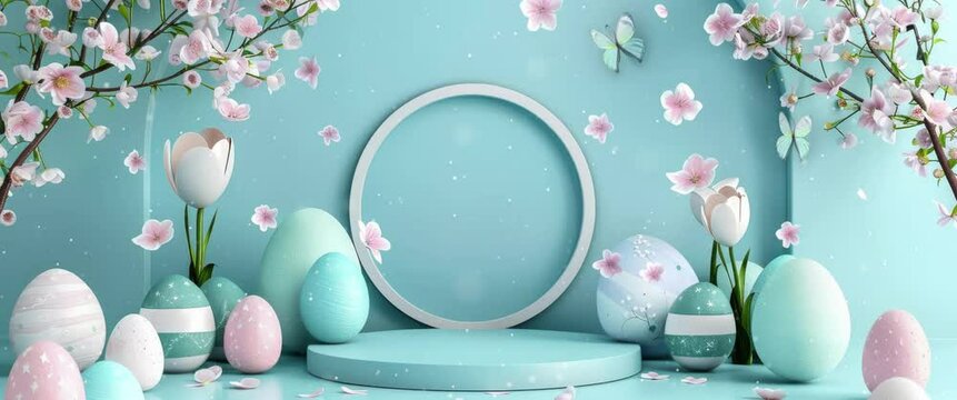 3d podium background themed Easter Eggs. Suitable for promotion product. Happy Easter. Copy space. Anamorphic video 