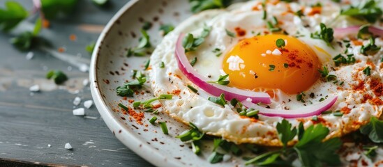 A plate with scrambled eggs mixed with white herbs and red onions, topped with a perfectly cooked egg, creating a visually appealing and delicious meal.