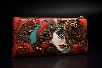 Fancy leather purse with a magical design, leather work, product photo of a purse