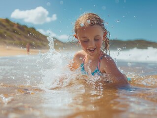 Obraz premium A carefree young girl enjoys the warm summer sun as she gleefully splashes in the ocean waves, her swimsuit glistening under the clear blue sky