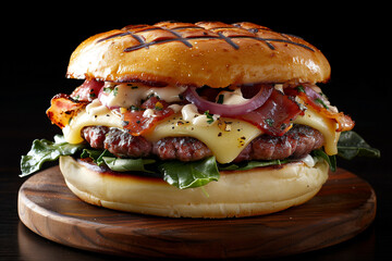 photo d'un délicieux burger, pain brioché, steak haché, sauce fromage, fromage à raclette, oignon rouge, feuilles de roquette,