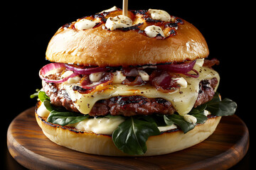 photo d'un délicieux burger, pain brioché, steak haché, sauce fromage, fromage à raclette, oignon rouge, feuilles de roquette, - Powered by Adobe