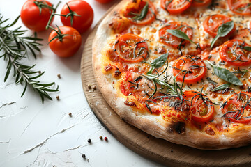 photo de pizza appétissante, pour menu, restaurant, pâte à pizza sauce tomate, fromage, gruyère râpé, tomates en tranches, aromates, basilic, thym