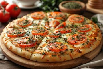 photo de pizza appétissante, pour menu, restaurant, pâte à pizza sauce tomate, fromage, gruyère râpé, tomates en tranches, aromates, basilic, thym