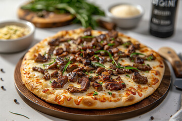 photo de pizza appétissante, pour menu, restaurant, pâte à pizza sauce tomate, fromage, gruyère râpé, viande, sauce fromagère, 