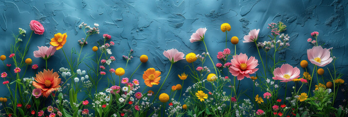 floral composition on the wall showing the natural beauty and bright colors of plants - obrazy, fototapety, plakaty