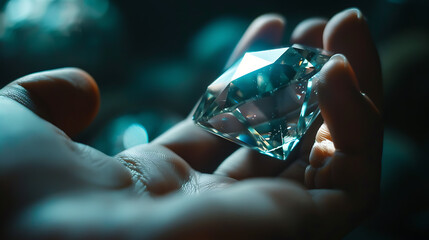 a person holding a diamond in their hand with a dark background and a blurry image of the diamond