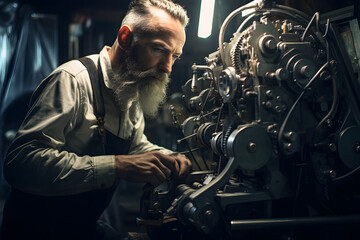 Fototapeta na wymiar Man working on a machine, hard working man, machinery, skilled wrker, machanic