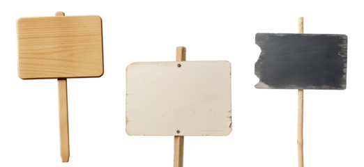 Collection of wooden signs for protests or advertisement over isolated transparent background
