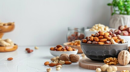 Nutritious mixed nuts in a bowl, with a blurred kitchen background, perfect for culinary blogs and health food marketing.