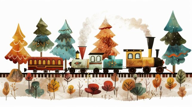 Watercolor painting of a whimsical train chugging through a forest with stylized trees, suitable for children's stories and seasonal decor.